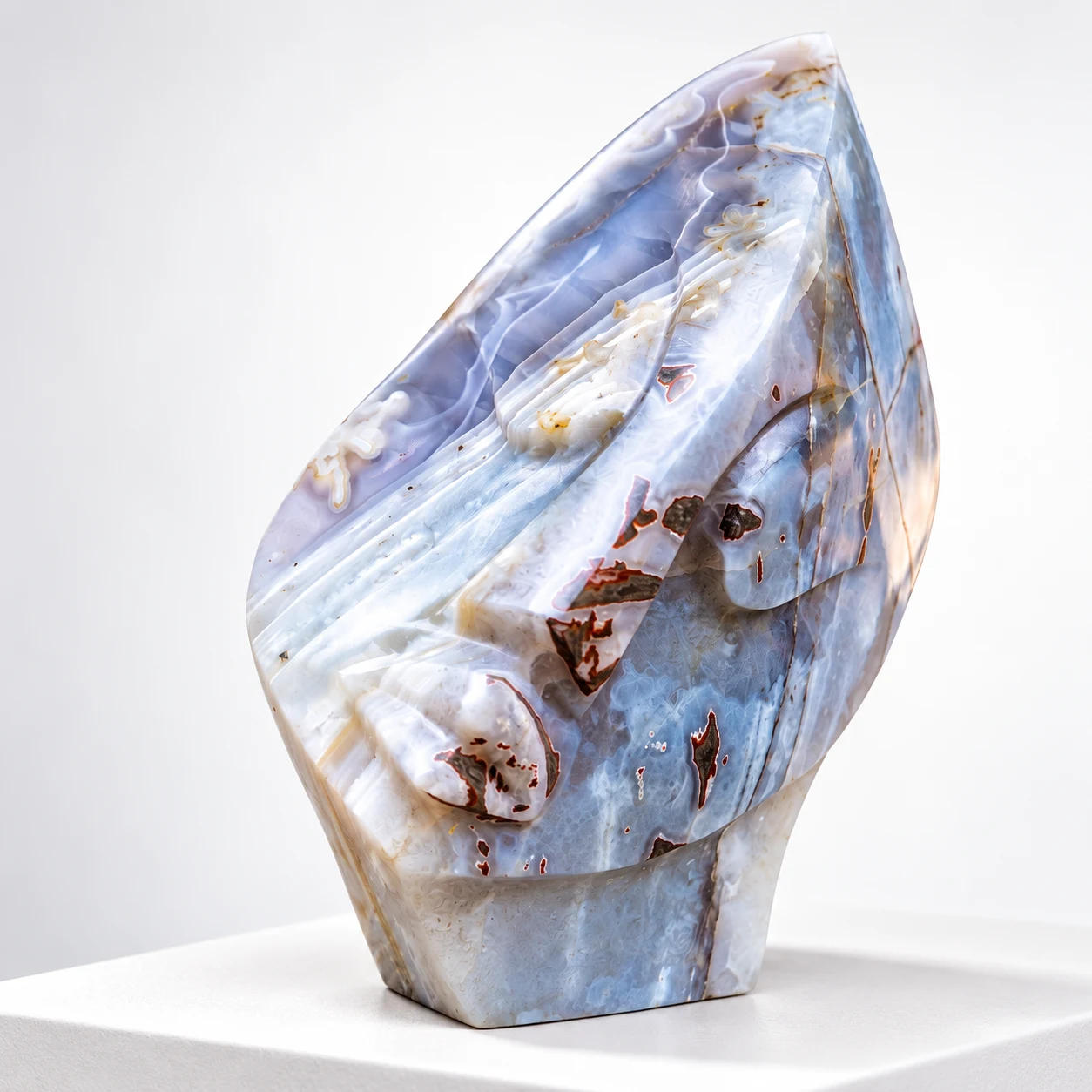 Blue and white flame-like sculpture, promotional illustration
