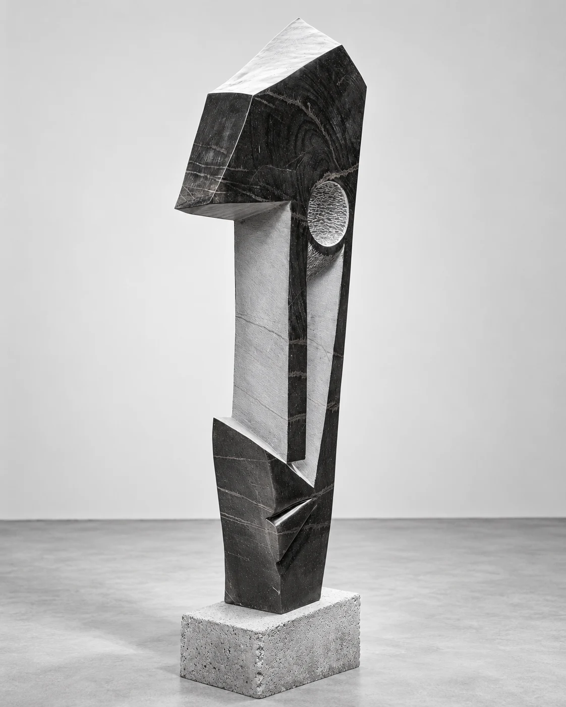 Tall geometric face-like sculpture, promotional illustration