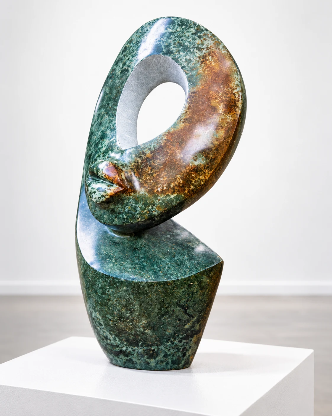 Rounded green and ochre sculpture, promotional illustration